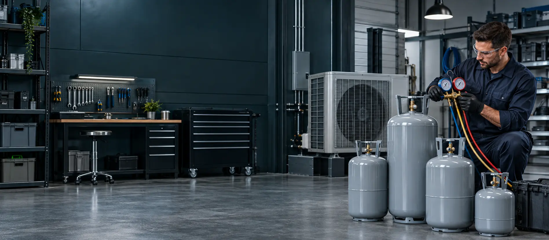 HVAC technician preparing sealed refrigerant cylinders in a professional workshop