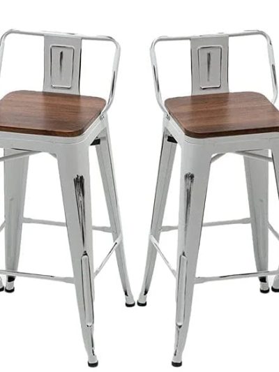 Andeworld Counter Height Industrial Metal Bar Stools With Wooden Seats, Set Of 4, 24 Inch, Distressed White