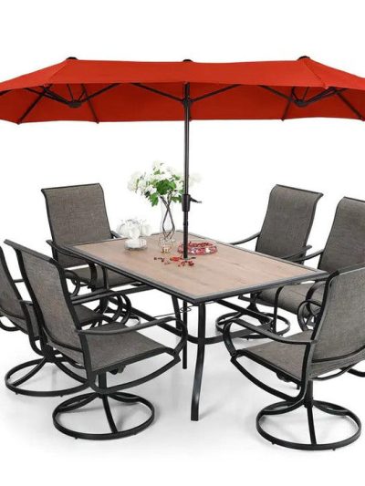 8-Piece Patio Dining Set With Umbrella And 6 Sling Dining Swivel Chairs