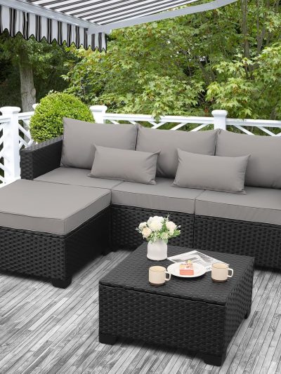 3-Piece Outdoor Sectional Wicker Patio Furniture Set With Ottoman And Storage Table - Light Grey