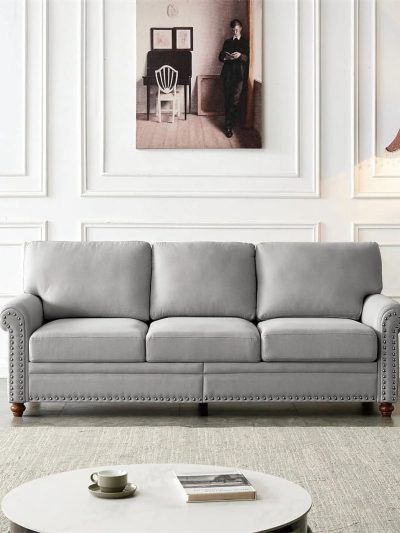 3 Seater Linen Fabric Tufted Accent Sofa, 82.6 in, Grey - Curved High Back