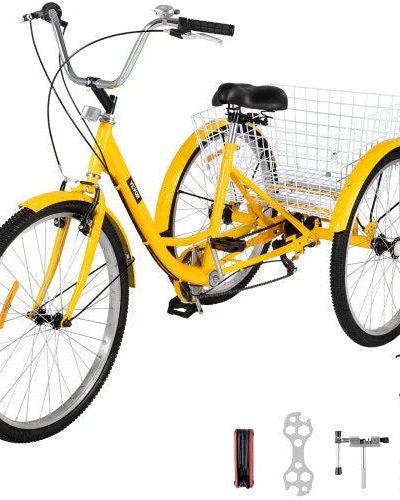 Adult Tricycle 26 in 7 Speed 3 Wheel Bike With Basket - Yellow