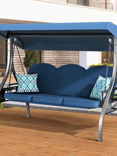 3-Seat Outdoor Patio Swing With Stand, 800 lbs, 2-in-1 Convertible Swing Bed, Adjustable Canopy