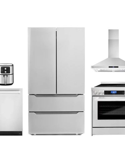 5-Piece Kitchen Package With 30in Electric Range, 30in Wall Mount Range Hood, 24in Dishwasher, French Door Refrigerator And 5.5L Air Fryer