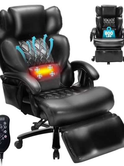 Big And Tall Executive Office Chair, 800 Lbs, 8-Node Massage, Heat, PU Leather, Adjustable Footrest