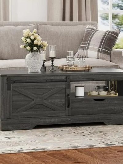 AYFDEGT Farmhouse Coffee Table 48 x 22 inch With Sliding Barn Door And Open Shelves