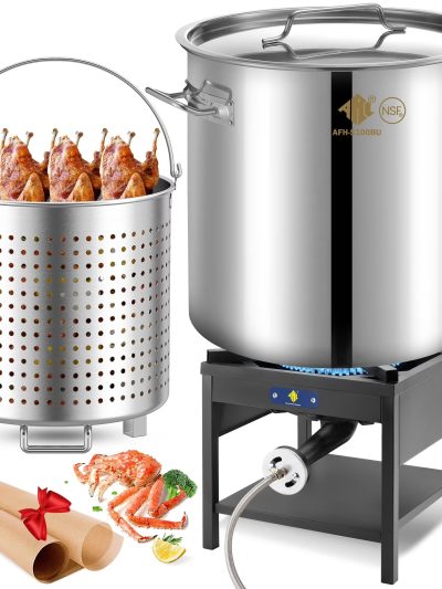 100QT Stainless Steel Seafood Boiling Kit With 82QT Basket And 200,000BTU Propane Stove