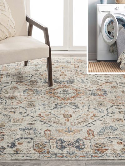 Bohemian Medallion Low-Pile Machine-Washable Area Rug, Cream And Terra