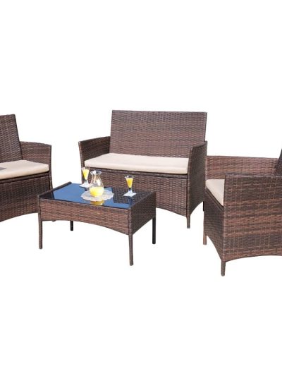 4-Piece Outdoor Patio Furniture Set With Rattan Wicker Chairs, Loveseat And Glass-Top Table