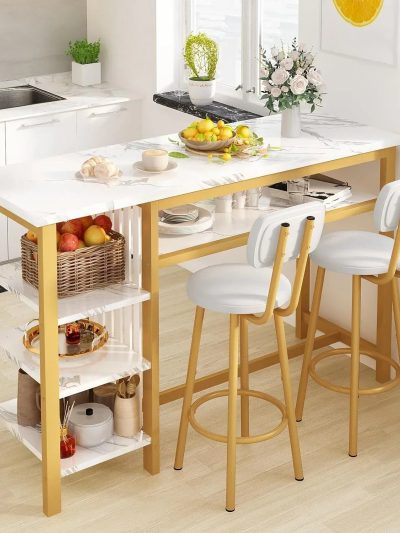 3-Piece White Faux Marble Bar Table And Chairs Set With 2 PU Cushion Bar Stools And 3-Tier Storage Shelves - Gold Frame