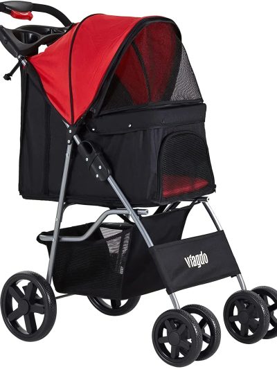 Afuhokles Pet Stroller For Small And Medium Dogs And Cats, 4 Wheels, 35lbs - Folding Storage Basket
