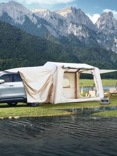 Beige Inflatable Camping Tent, 4-6 Person, 118in L x 98.5in W x 83in H, 4-Season, Oxford