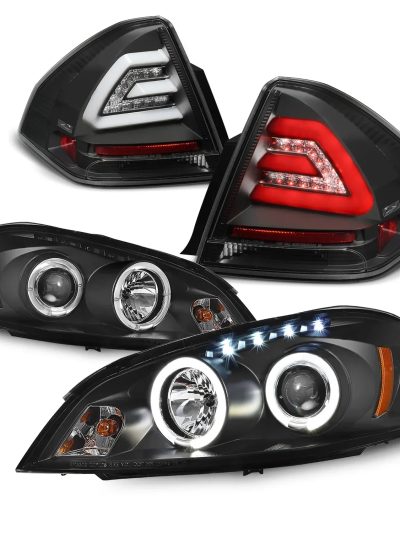 AKKON Dual Halo DRL Projector LED Headlight And LED Tail Lamp Set, Black Housing - 2006-2013 Chevy Impala, 2014-2016 Limited