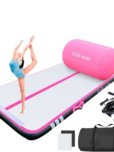 Air Track 10FT Inflatable Gymnastics Mat With Roller and Electric Pump - Black/Pink, 4in