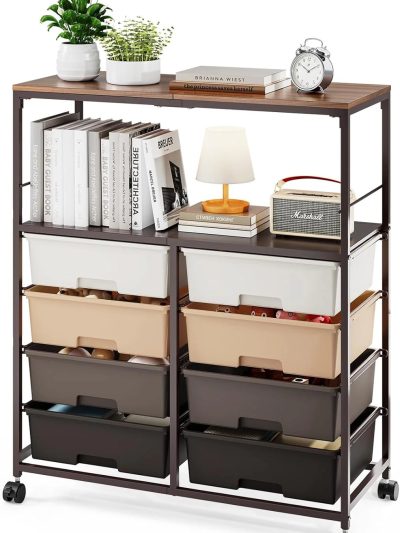 8-Drawer Rolling Storage Cart With Wooden Top And Lockable Wheels