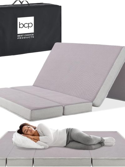 Best Choice Products Queen-Size 4in Tri-Fold Foam Mattress With Carry Case - Grey