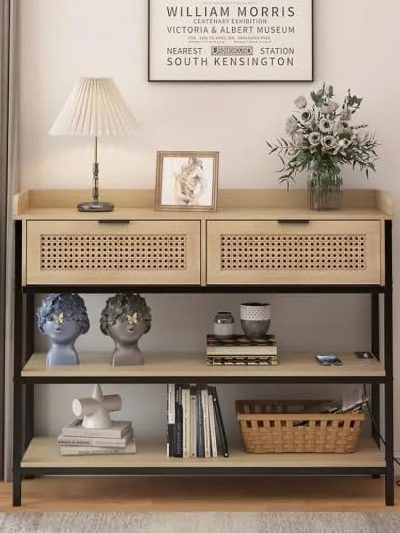 AYFDEGT Entryway Table With 2 Drawers, Outlets, USB Ports, Shelves & LED Lights - Black