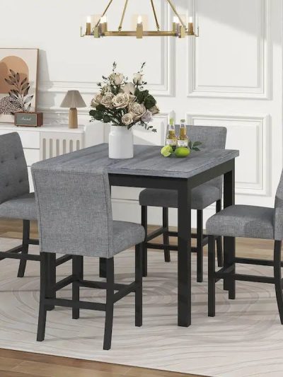 5 Piece Counter Height Wood Dining Set With Rectangle Table And 4 Upholstered High-Back Chairs - 35.4x35.4x36in