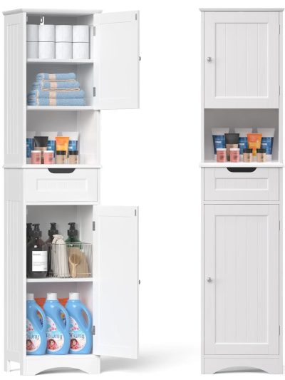 67 Inch Tall Narrow Bathroom Linen Storage Cabinet, 5-Tier Solid Wood Freestanding
