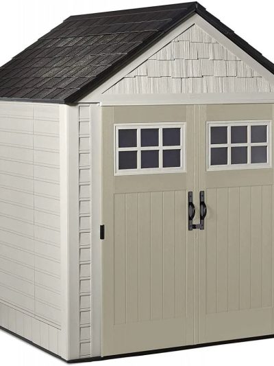 7x7 Ft Resin Outdoor Garden Storage Shed With Windows And Utility Hooks, Sand