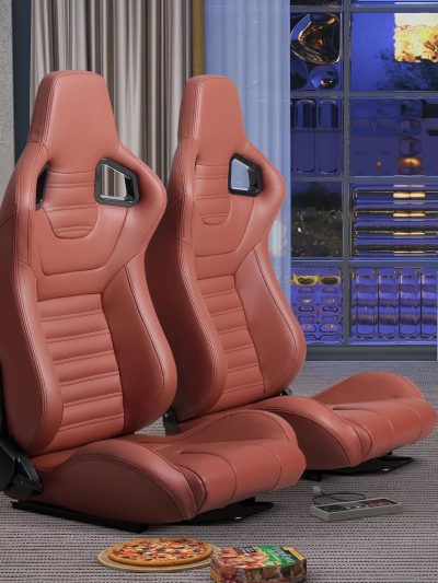2-Piece Ergonomic PVC Racing Simulator Seats With Adjustable Double Slide Rails, Black/Brick Red - 313 lbs Per Seat