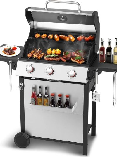 3-Burner Propane Gas Grill With 30,000 BTU Output - Double-Layer Stainless Steel Grill Lid