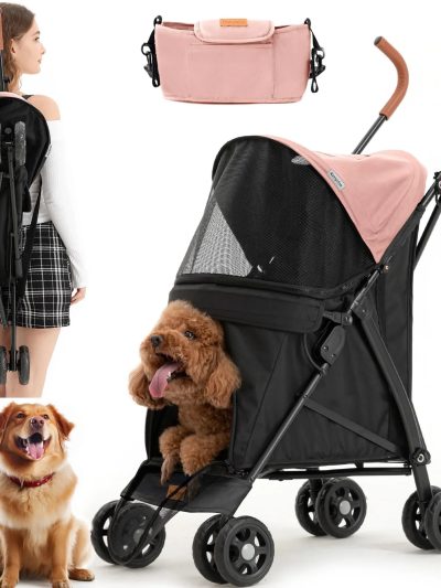 3 In 1 Folding Pet Stroller With Storage Basket And Cup Holder, Pink