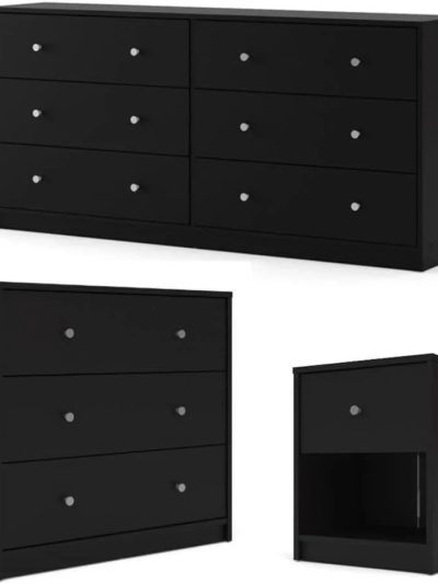 3-Piece Scandinavian Engineered Wood Bedroom Furniture Set With Black 6-Drawer Dresser, 3-Drawer Chest And Nightstand