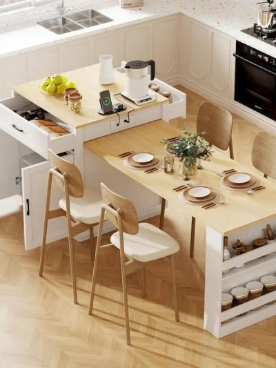 82.7 Wooden Kitchen Island With Extendable Dining Table And Double-Sized Storage