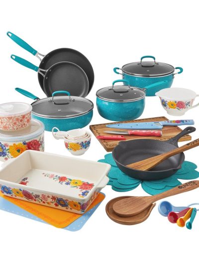 38-Piece Teal Cookware Set With Floral Design
