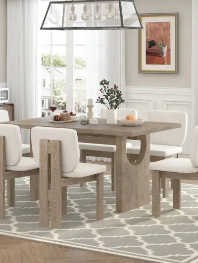 7-Piece Dining Set With Rectangular Trestle Table And 6 Upholstered Chairs