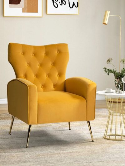 14 Karat Home Velvet Accent Chair With Button-Tufted Back And Metal Legs - Mustard