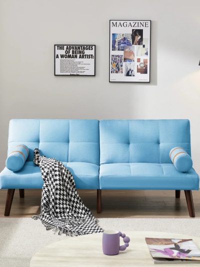 Blue Linen Convertible Futon Sofa Bed With Solid Wood Legs - 65.7in L x 32.2in W x 30in H
