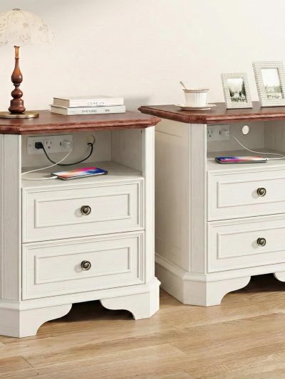 24in White Nightstands With Charging Station, 2 Drawers And Open Shelf - Set Of 2