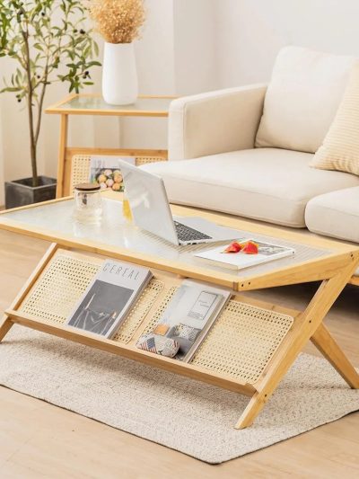 Bamboo 2-Tier Rectangular Coffee Table With Glass Tabletop And Rattan Storage Shelf - Natural
