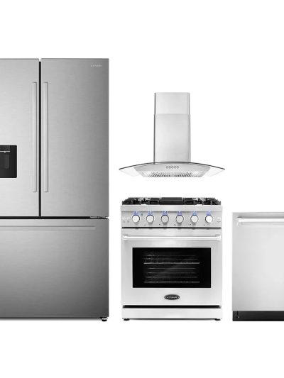 4 Piece Kitchen Appliance Package With 30 inch Gas Range, Wall Mount Range Hood, Dishwasher And French Door Refrigerator