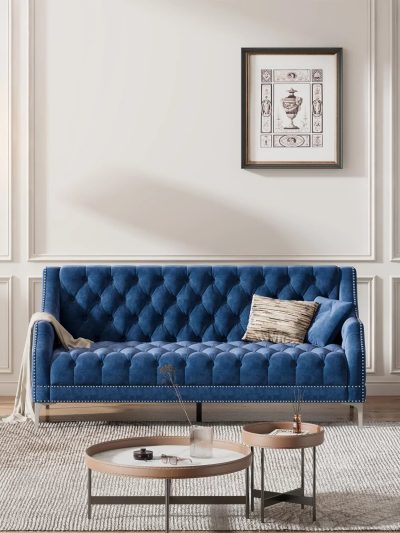 78 inch Dutch Plush Upholstered Chesterfield Sofa With Metal Legs, Button Tufted Back, Blue