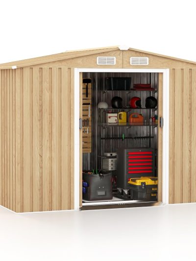 8' x 6' Metal Storage Shed With Wood Grain Finish, Base Floor And 4 Vents