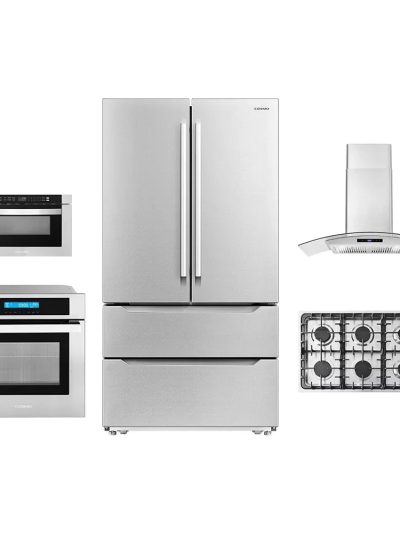 5-Piece Kitchen Package - 36in Gas Cooktop, 36in Range Hood, 30in Electric Wall Oven, 24in Microwave Drawer, French Door Refrigerator