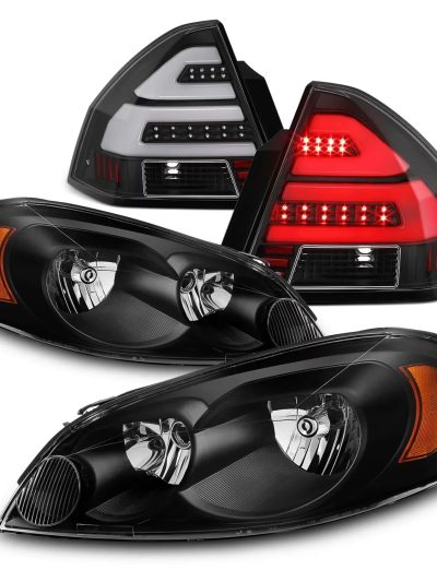 AKKON Black Headlight And LED Tube Bar Tail Light Combo Pair - Fits 2006-2013 Chevy Impala, 2014-2016 Impala Limited