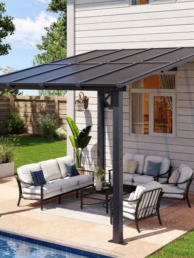 Aoxun Wall-Mounted Gazebo Awning, 8x10, Black