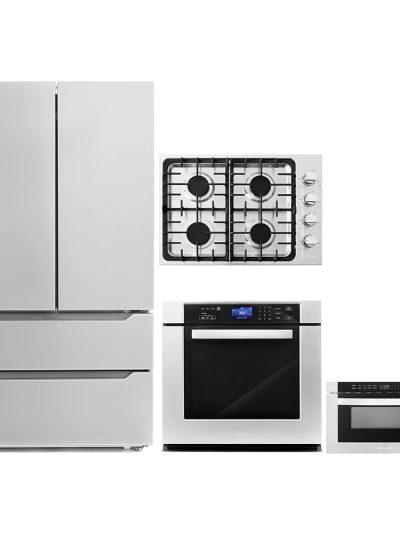 4-Piece Kitchen Appliance Package - 30 in Gas Cooktop, 30 in Electric Wall Oven, 24 in Microwave Drawer, Energy Star French Door Refrigerator