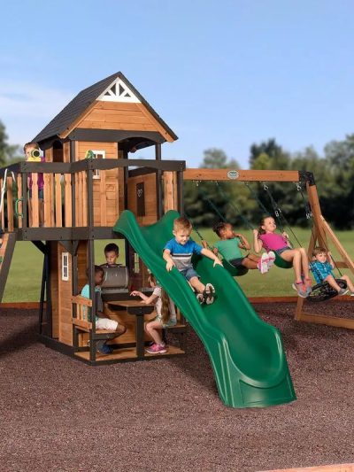 Backyard Discovery Canyon Creek Cedar Wood Swing Set With Wave Slide, Clubhouse, Play Kitchen, 183 x 188 x 119 Inches
