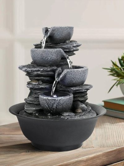 4-Tier Indoor Water Fountain - 7.8 x 7.8 x 10.6 in, Gray Resin
