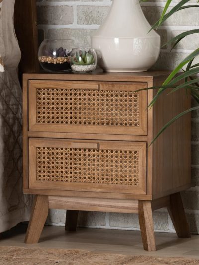 Baxton Studio Walnut Brown Finished Wood 2-Drawer Nightstand With Rattan - Baden