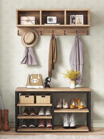 5-in-1 Entryway Hall Tree With Coat Rack, Shoe Bench, 7 Hooks, 3 Cubbies And 3-Tier Shoe Rack