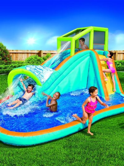 Banzai Inflatable Water Slide Kids Pool With Built-In Sprinkler Wave And Water Wall - 14 Feet Long By 8 Feet High