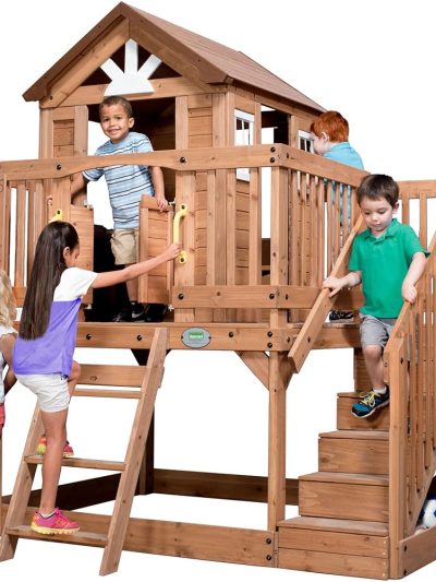 Backyard Discovery Elevated Cedar Wood Kids Playhouse With Play Kitchen, Wrap-Around Deck, Storage Bench, Ladder, Stairs And Growth Chart