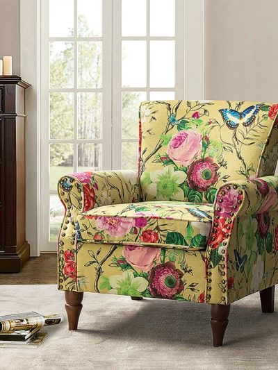 14 Karat Home Wingback Accent Chair, Floral Upholstery, Mustard, 30 x 31 x 32.5 in