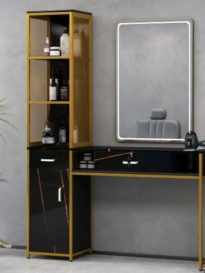 Barber Salon Station With Lockable Drawer, Left Shelf And Storage Cabinet - Black
